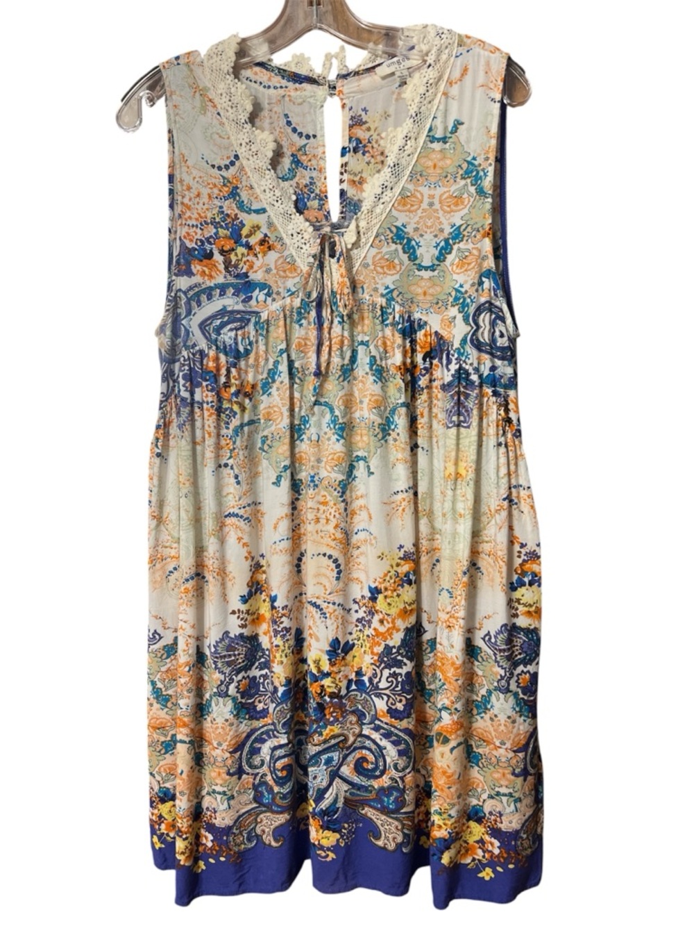 Umgee Boho Floral Paisley Tunic Dress Lace Trim Flowy EUC Large